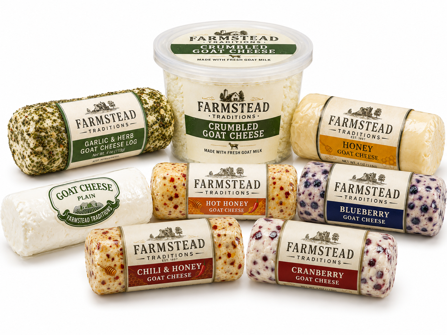 Goat cheese private label, logs, crumbles, and flavored varieties